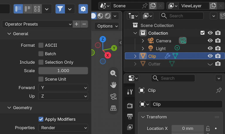 Blender 5.2 STL export panel showing Format ASCII and Batch unchecked, Selection Only unchecked, Scale 1.000, Scene Unit unchecked, Forward Y, Up Z, Apply Modifiers checked and Properties set to Render. Beside it, the Outliner lists Clip with a modifier icon and Cutter with its eye icon closed but its camera icon on.