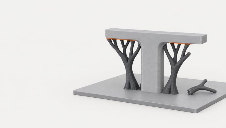Illustration, not a photo: a grey 3D-printed T-shaped part on a print bed, its arms held up by dark grey branching tree supports, the thin gap between the supports and the arms in orange, and one broken-off branch lying on the bed.