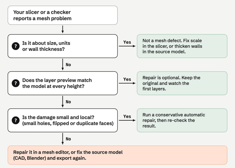 Flowchart. If the problem is about size, units or wall thickness, fix scale or the source model. Otherwise, if the layer preview matches the model, repair is optional. Otherwise, if the damage is small and local, run a conservative automatic repair and re-check. Otherwise repair it in a mesh editor or fix the source and export again.