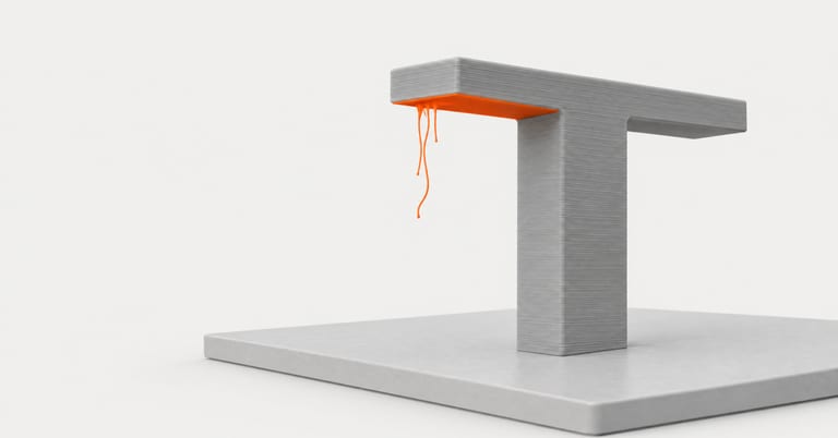 Illustration, not a photo: a grey 3D-printed T-shaped part on a print bed, the underside of one arm highlighted in orange with strands of filament drooping into the air below it.