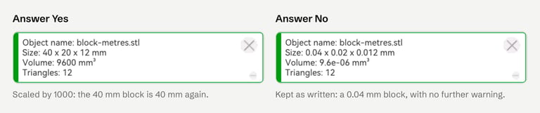 Two Bambu Studio notifications for the same file. After Yes: Size 40 x 20 x 12 mm, Volume 9600 cubic millimetres. After No: Size 0.04 x 0.02 x 0.012 mm, Volume 9.6e-06 cubic millimetres.