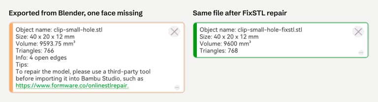 Left: Bambu Studio notification with an orange bar for clip-small-hole.stl: Size 40 x 20 x 12 mm, Triangles 766, Info 4 open edges, and a tip to repair the model with a third-party tool such as formware.co. Right: green notification for the repaired file with 768 triangles and no warning.