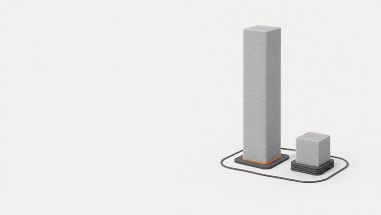 Illustration, not a photo: a tall grey 3D-printed tower standing on a flat dark grey brim, the thin gap between brim and tower in orange, next to a small cube on a dark grey raft, both inside a thin skirt loop.