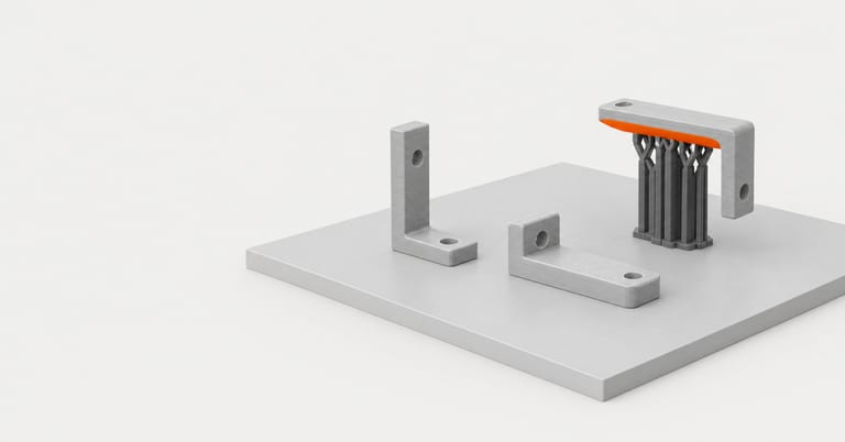 Illustration, not a photo: three identical grey 3D-printed L-brackets on a print bed in different orientations, one standing, one lying on its side and one upside down on grey support, with the underside of its hanging arm highlighted in orange.
