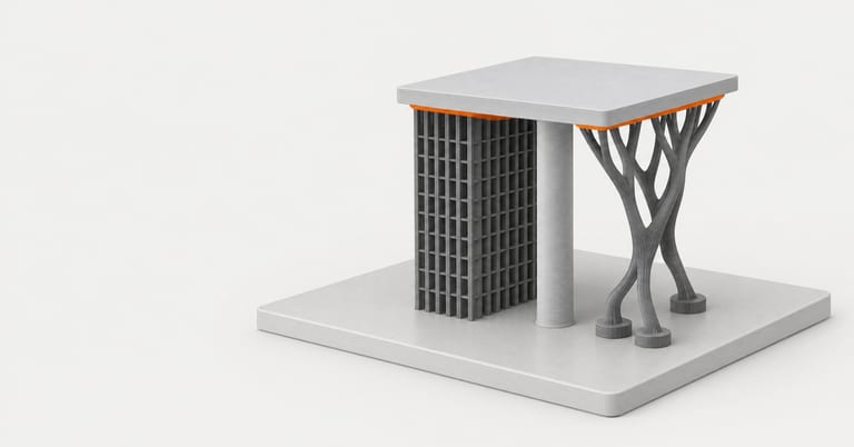 Illustration, not a photo: a grey 3D-printed table-shaped part on a print bed, held up on one side by a block of straight grid support and on the other by branching tree supports, with the strip where the supports touch the underside highlighted in orange.