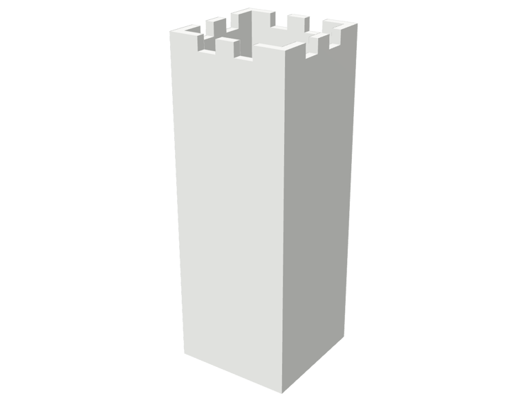 A chess rook STL with non-manifold edges marked in orange along its battlements; after repair: The same rook after repair, with no non-manifold edges